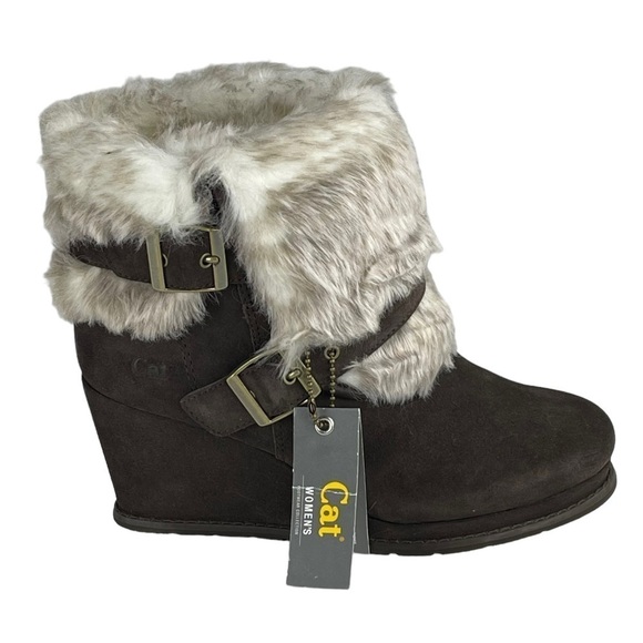 CATERPILLAR CAT BOISTEROUS FAUX FUR CAFE BROWN SUEDE WEDGE WINTER BOOTIES BOOTS - Picture 3 of 15